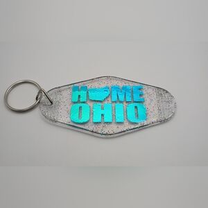 Vintage Style Clear Glitter Holographic Blue Home Ohio Keychain